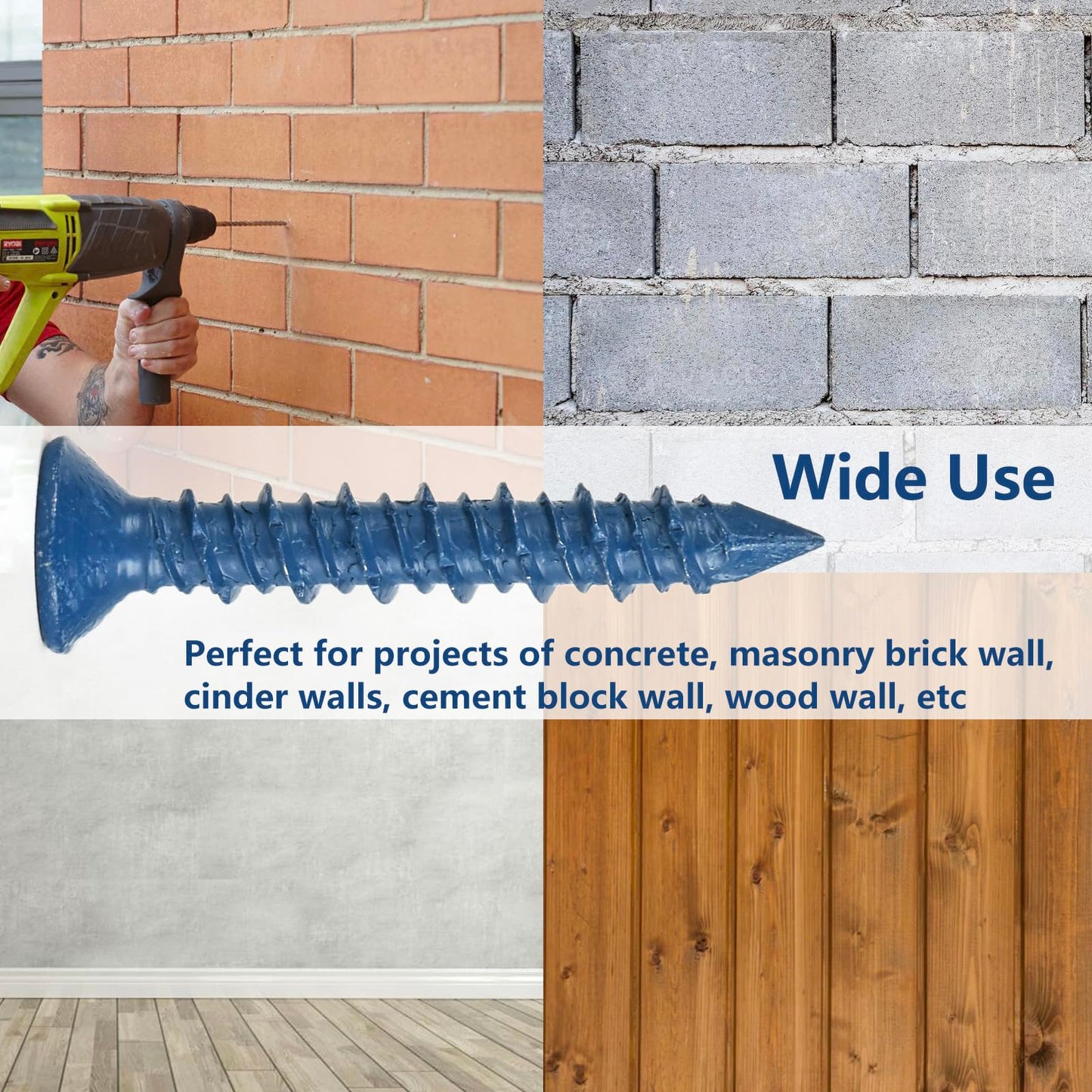 Allkeen 3/16" x 1-1/4" Concrete Screws, Anchoring to Masonry, Brick, Block, Cement or Stucco, 100PCS