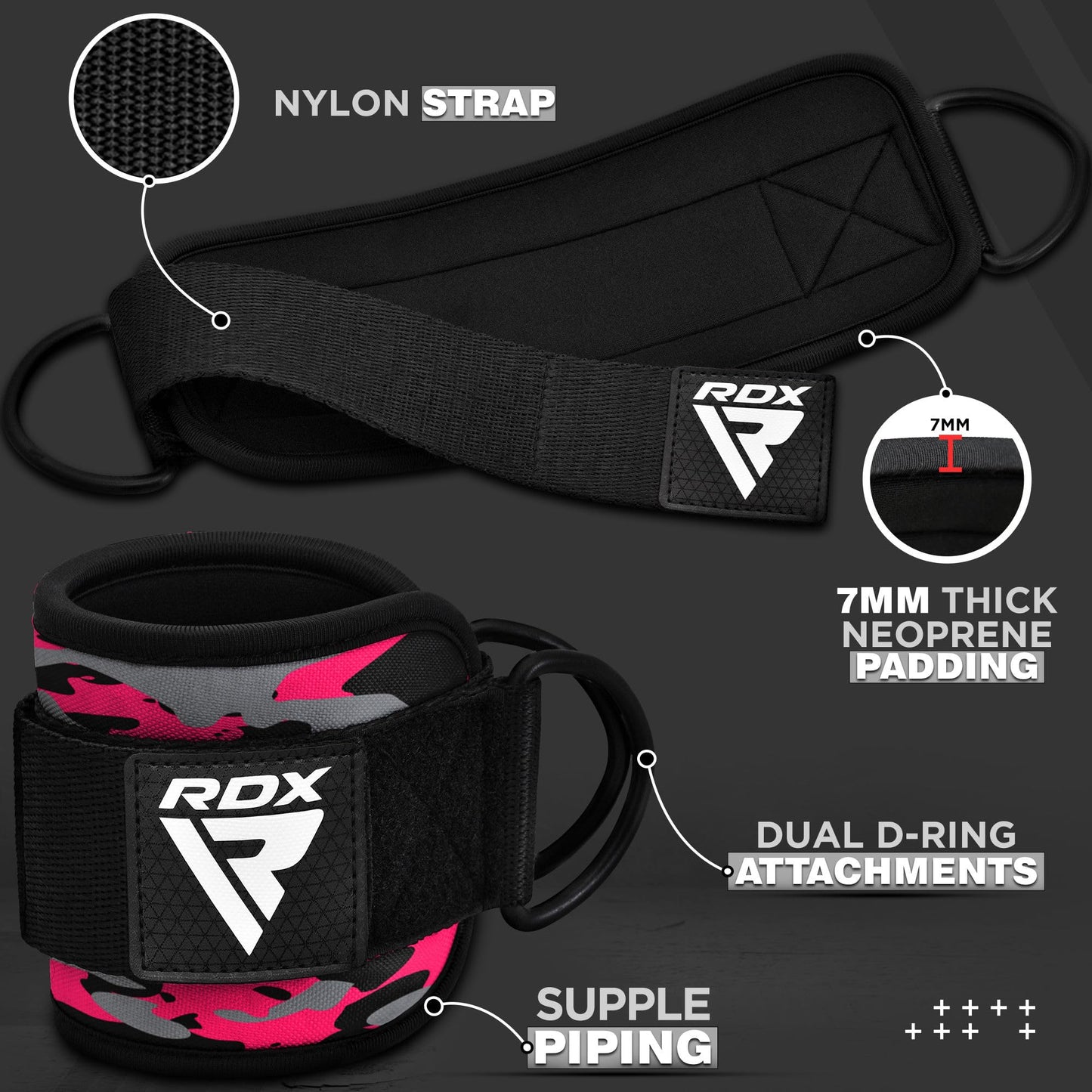 RDX Ankle Straps for Cable Machines – 7MM Neoprene Padded 10"x4" Adjustable Gym Cuffs with Dual D-Rings – Weight Attachments for Wrist Glutes Leg Kickbacks Hip Abduction Strength Workouts – Men Women