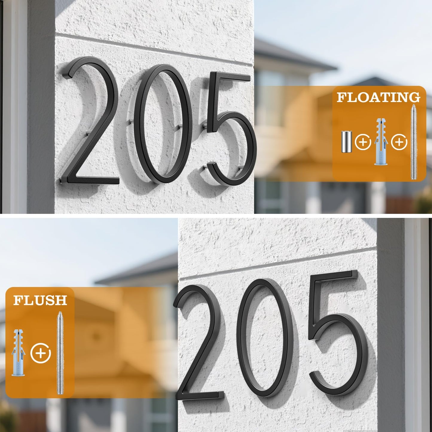 FumWens 8 Inch Floating House Numbers for Outside, Modern Black Metal Address Numbers for House, Rustproof Clear Visibility Mailbox Number with Easy Installation Kit for Yard, Front Door, Garden Street (1)