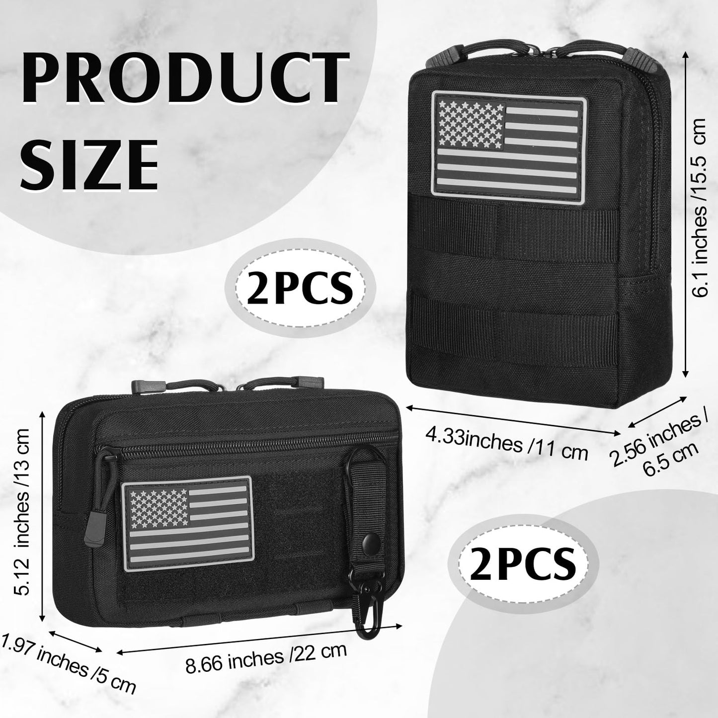 Sunnymove 4Pcs Tactical Molle Utility Pouch Molle Pouch EDC Tool Bags Tactical Compact Water-Resistant EDC Pouches for Man Include US Flag Patch and Keychain(Black)