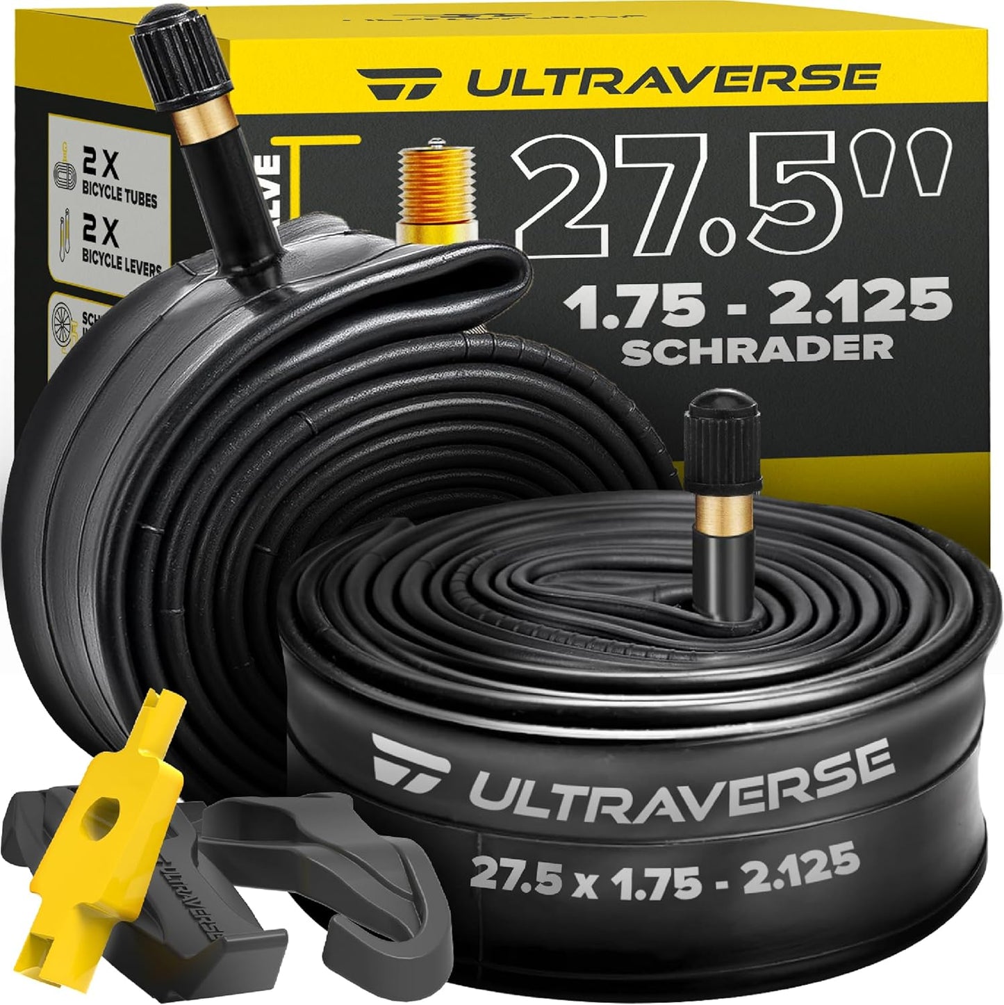 Ultraverse Bike Inner Tubes - Durable Butyl Rubber 27.5 x 1.75-2.125 | Schrader Valve - Set of 2