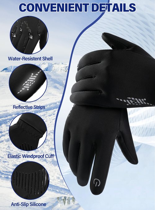 KEJIKO Winter Gloves Men Women, Elastic Soft Touch Screen Running Gloves for Cold Weather, Thermal Anti-Slip Windproof Outdoor Cycling Glove for Walking, Driving, Hiking Black L