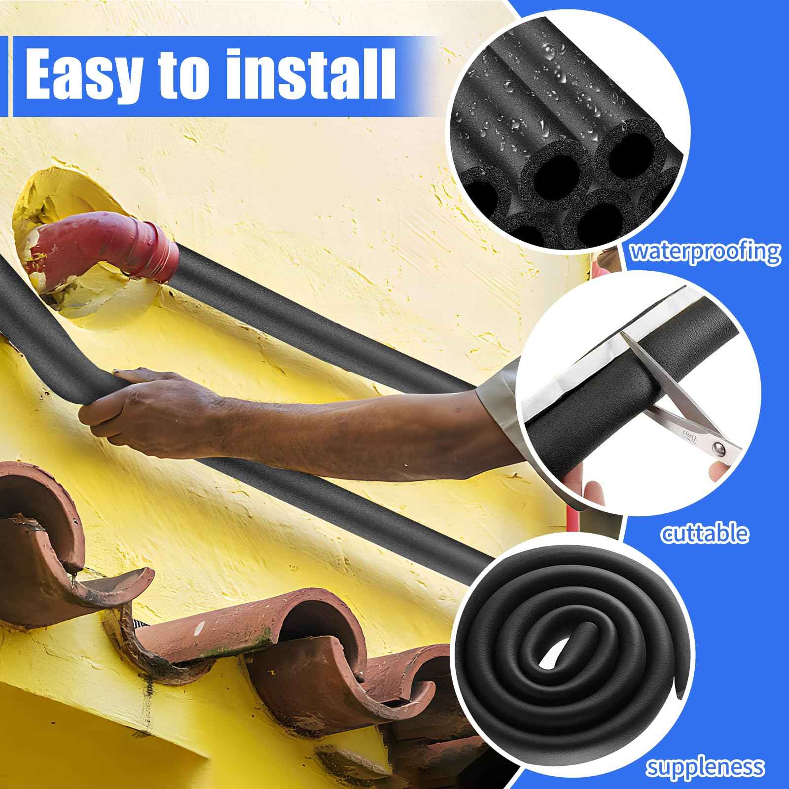 8 Pack Pipe Insulation Foam Tube, 3/4'' Self Adhesive Pre Slit Foam Pipe Covers Polyethylene with Double Sided Tape for Spigot, Winter Outside Pipes, Water Heater Pipes Freeze Protection