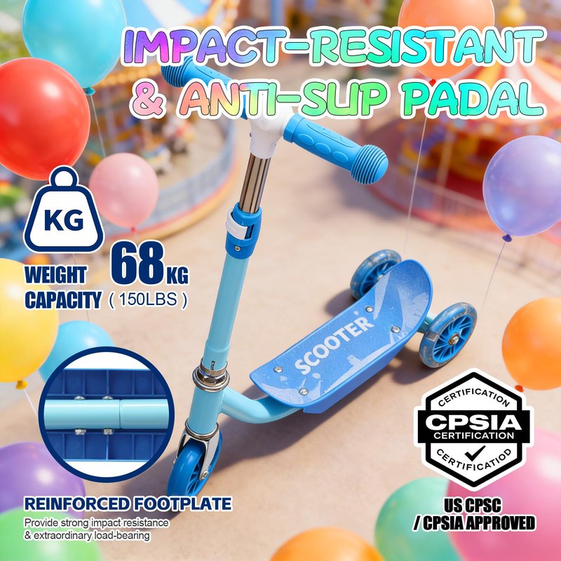 Scooters for Kids 3-5 Years Age 3-Wheel Light Up Scooter with Flexible Steer & 3-Adjustable Height for Boys Girls Outdoor Indoor Recreational Transport Blue Pink Orange