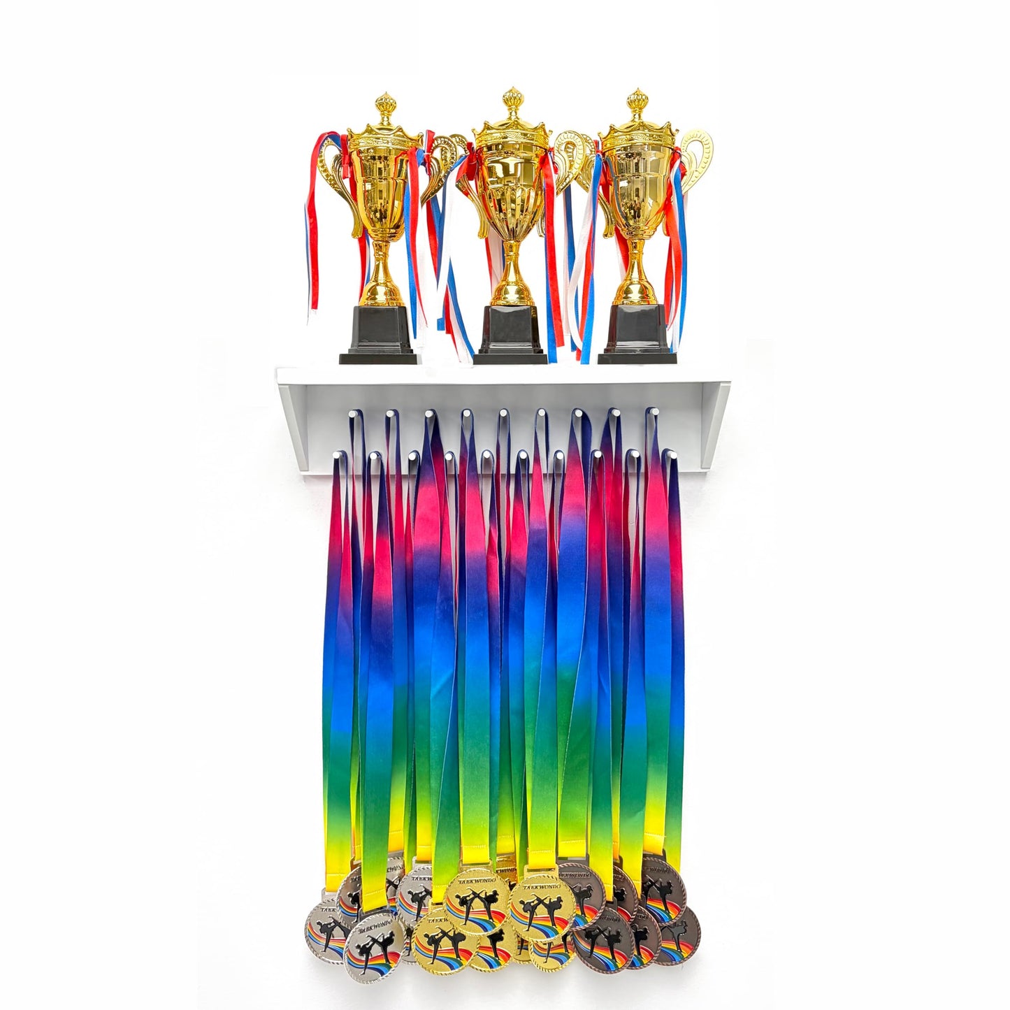 Medal Hanger Display and Trophy Shelf with Hooks - Wooden Medal Holder for Wall Mount Ribbon Display, Trophy Display Shelf for Gymnastics, Soccer, Running Race Medals Awards Rack (WHITE, 16")