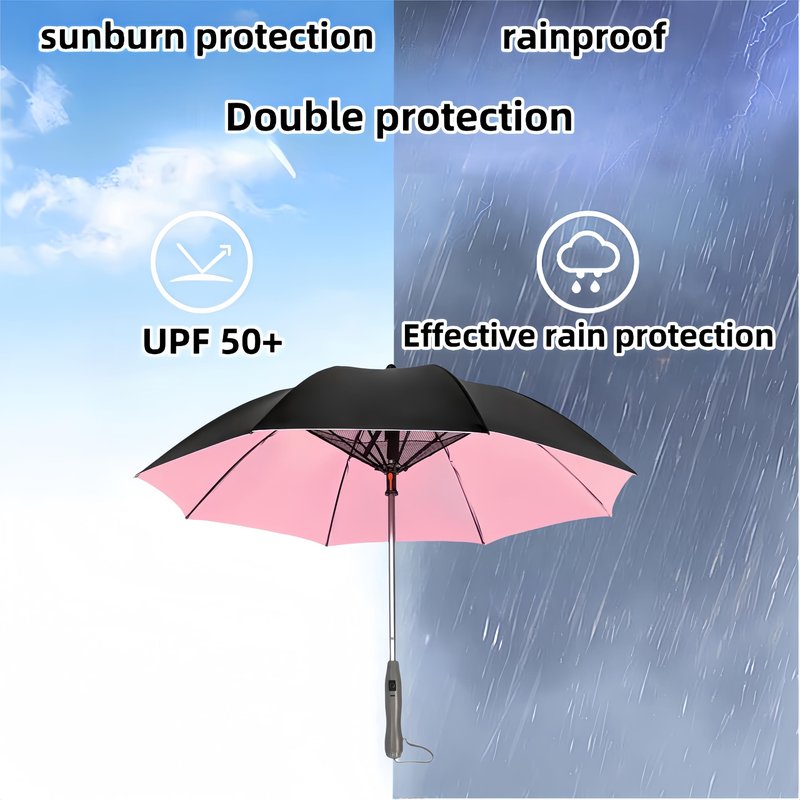 Umbrella with Fan & Mist Spray - Rechargeable UV Protective Cooling Umbrella for Patio, Beach, Travel | Portable Misting System & Detachable Water Bottle Included (Pink)