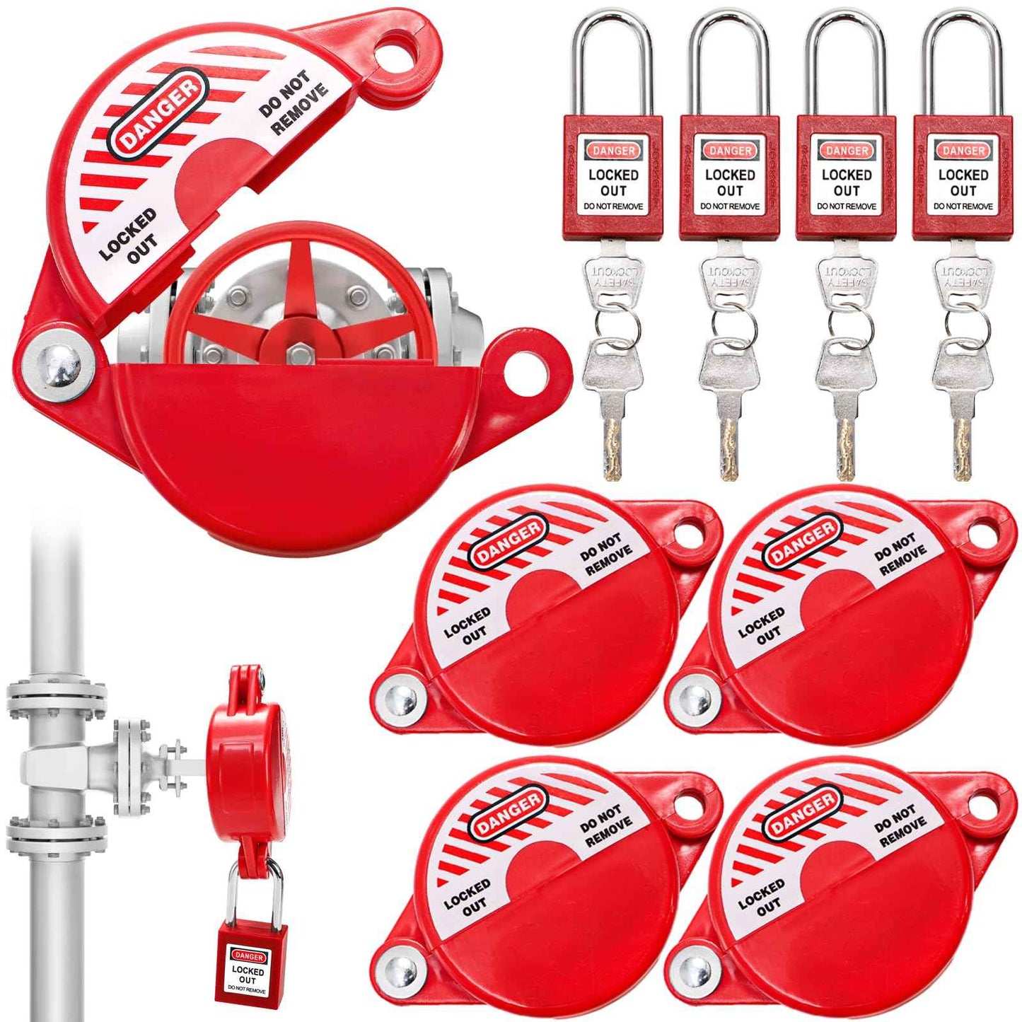 Foraineam Water Spigot Lock Device and Safety Padlock, 4 Sets, Rotating Secure Gate Valve Lockout Device for 1 to 2-1/2 Inch Dia Valve Handles, Outdoor Faucet, Hose Bib Locks, Propane Tank Lock