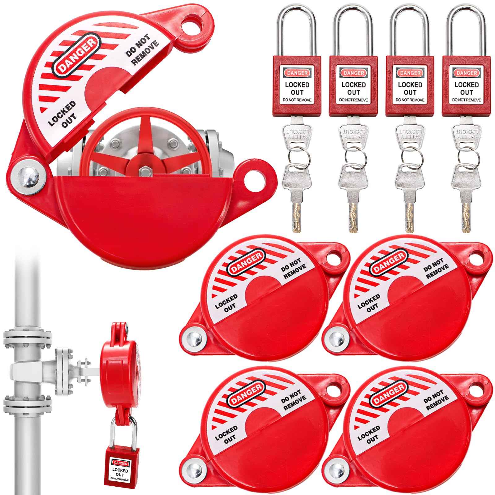 Foraineam Water Spigot Lock Device and Safety Padlock, 4 Sets, Rotating Secure Gate Valve Lockout Device for 1 to 2-1/2 Inch Dia Valve Handles, Outdoor Faucet, Hose Bib Locks, Propane Tank Lock