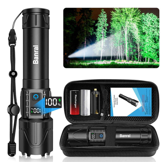 Banral Rechargeable Tactical Flashlights High Lumens - 5000mAh Super Bright LED Powerful Flash Light, Waterproof Handheld USB C Flashlight for Home,Car,Camping,Emergencies,5 Modes,Zoomable (1, Black)