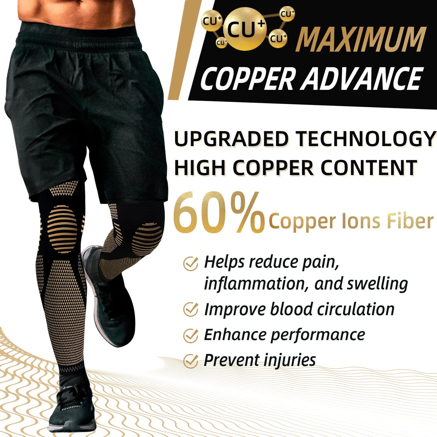 NOSIDAK Full Leg Compression Sleeve (Pair), Copper Knee Sleeves, Anti Slip Compression Stockings, Support for Thigh, Knee, Calf, Arthritis, 20-30mmHg Reduce Varicose Veins, Swelling for Men & Women