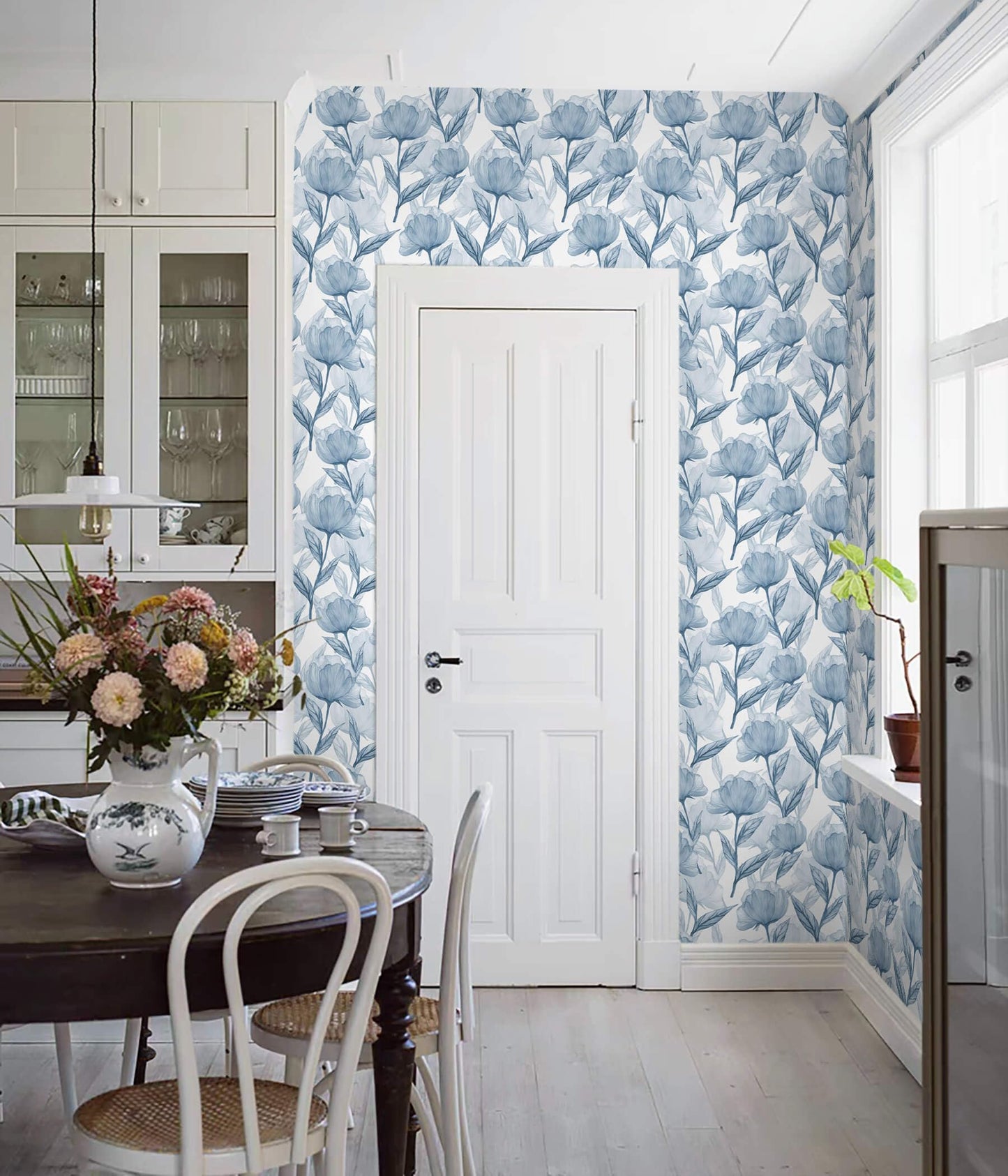Heroad Peel and Stick Wallpaper Blue Floral Contact Paper Boho Large Floral Wall Paper Modern Removable Self Adhesive Wallpaper for Cabinets Bedroom Bathroom Waterproof Vinyl Roll 17.3"x78.7"