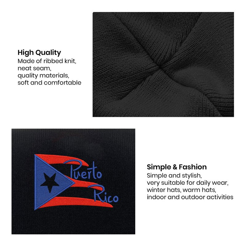 Yuawoi Puerto Rico Flag Embroidered Winter Beanie, Casual Stretch Knit Skull Cap Black