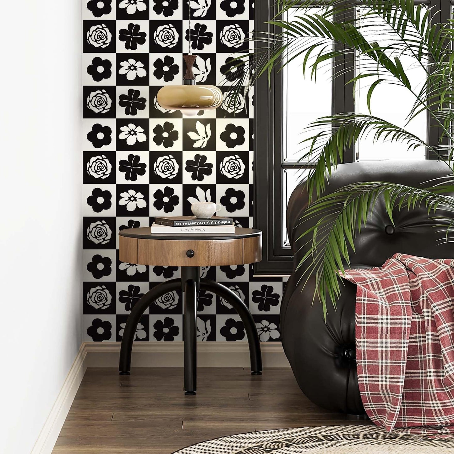 Ismoon Black and White Wallpaper Modern Peel and Stick Wallpaper Checkerboard Plaid Contact Paper Floral Geometric Stick on Wall Paper Removable Self Adhesive Vinyl Roll for Bedroom, 17.3inx9.8ft