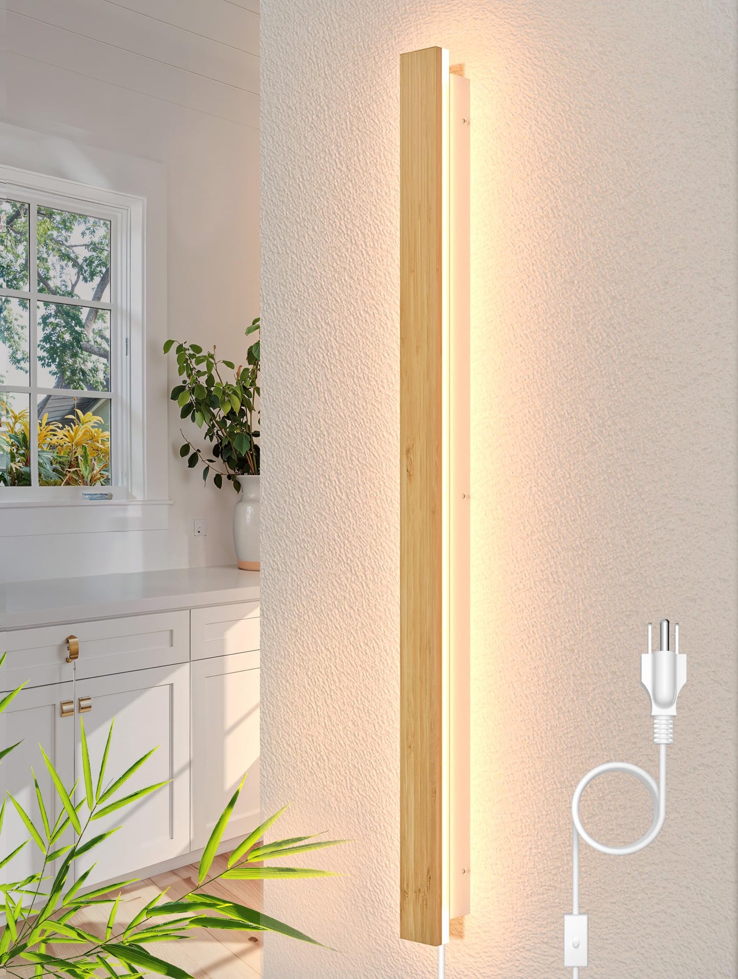Modern Plug in Long Wall Sconce 45.2‘’ LED Bamboo Wall Lights 35W Long Strip Indoor Wall Lamp 3000K with 6.5FT Plug in Cord and On/Off Switch on The Cord for Living Room Hallway Stairwell