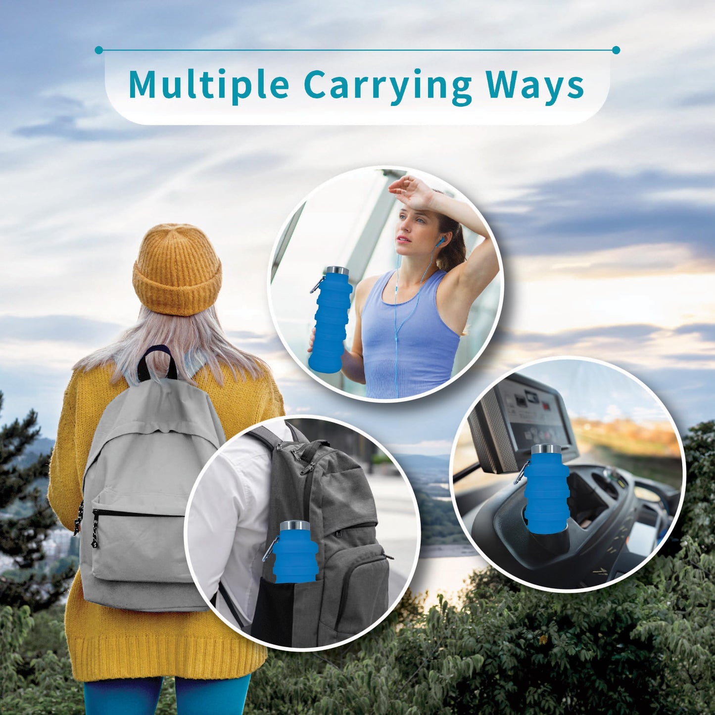 vadoworld Collapsible Water Bottles 17oz, Odorless BPA-Free Silicone, Leak-Proof Foldable Reusable Bottle - Perfect for Travel Sports Gym Hiking Camping Cycling - Light Blue