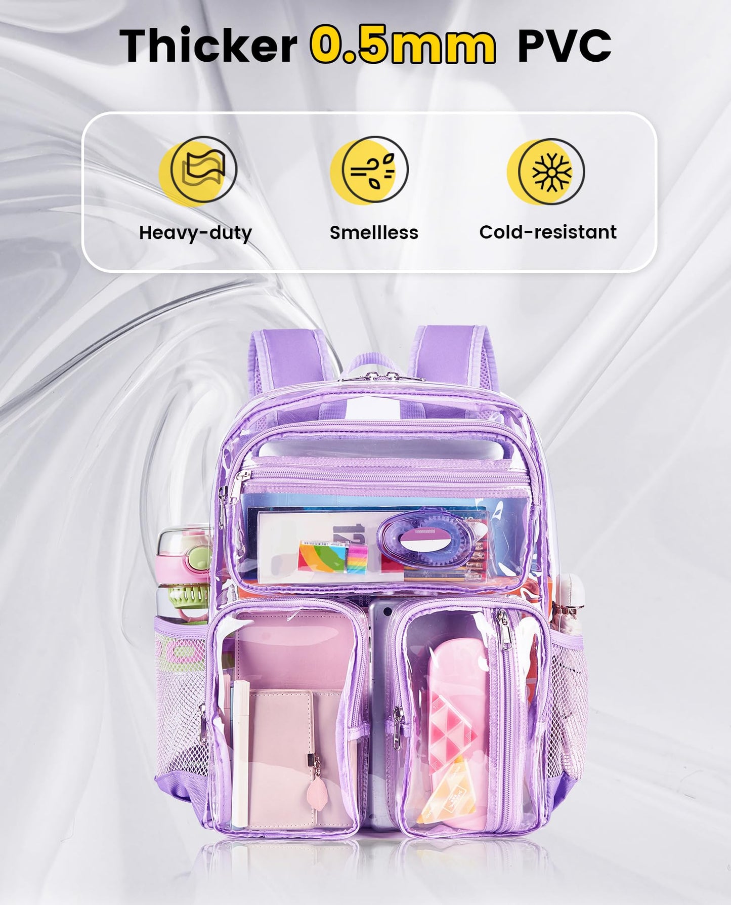 Vorspack Clear Backpack Heavy Duty - See Through Bookbag for Girls Boys Large Transparent Backpacks for Work, Travel, Festival - Purple