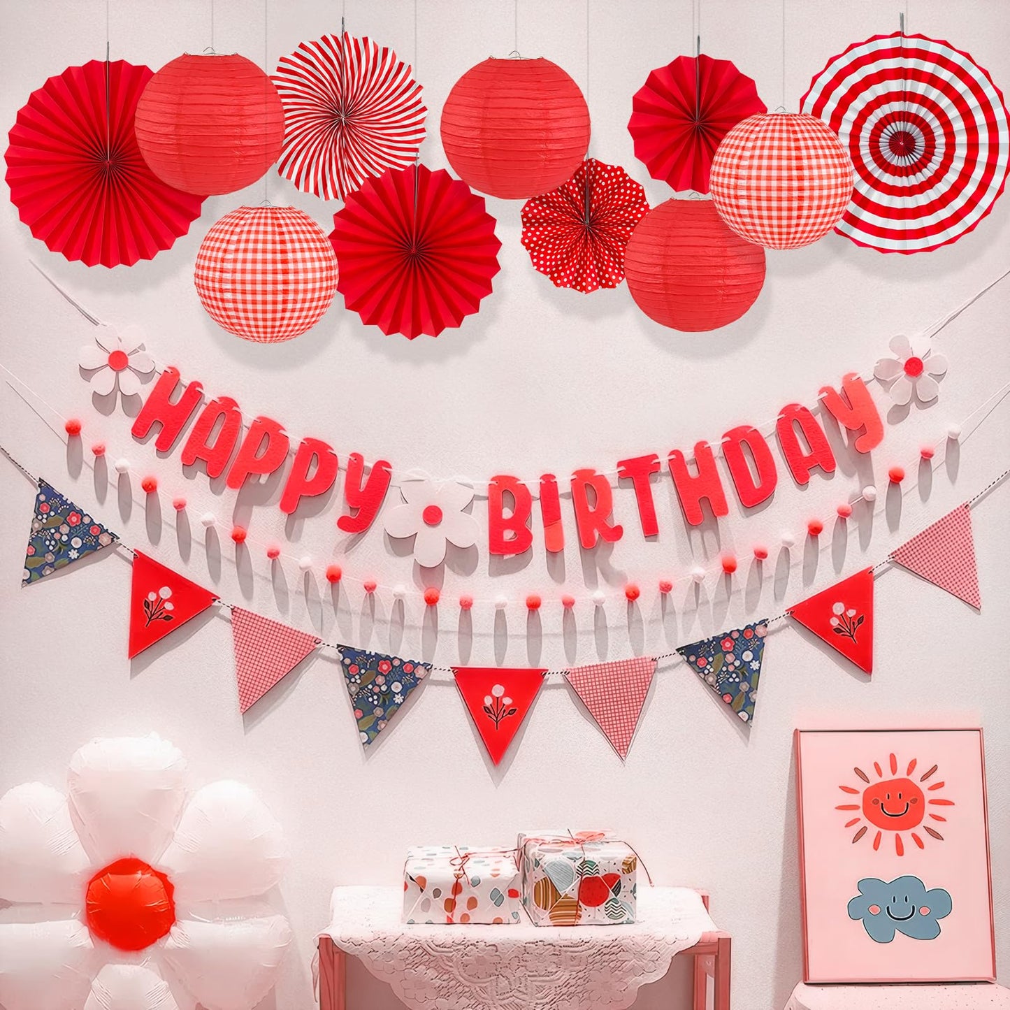 Peywot 15Pcs Red Party Decorations Supplies Set, Hanging Red Paper Lanterns Paper Fans for Home Decor Birthday Wedding Graduation Picnic BBQ Baby Shower Pizza Party