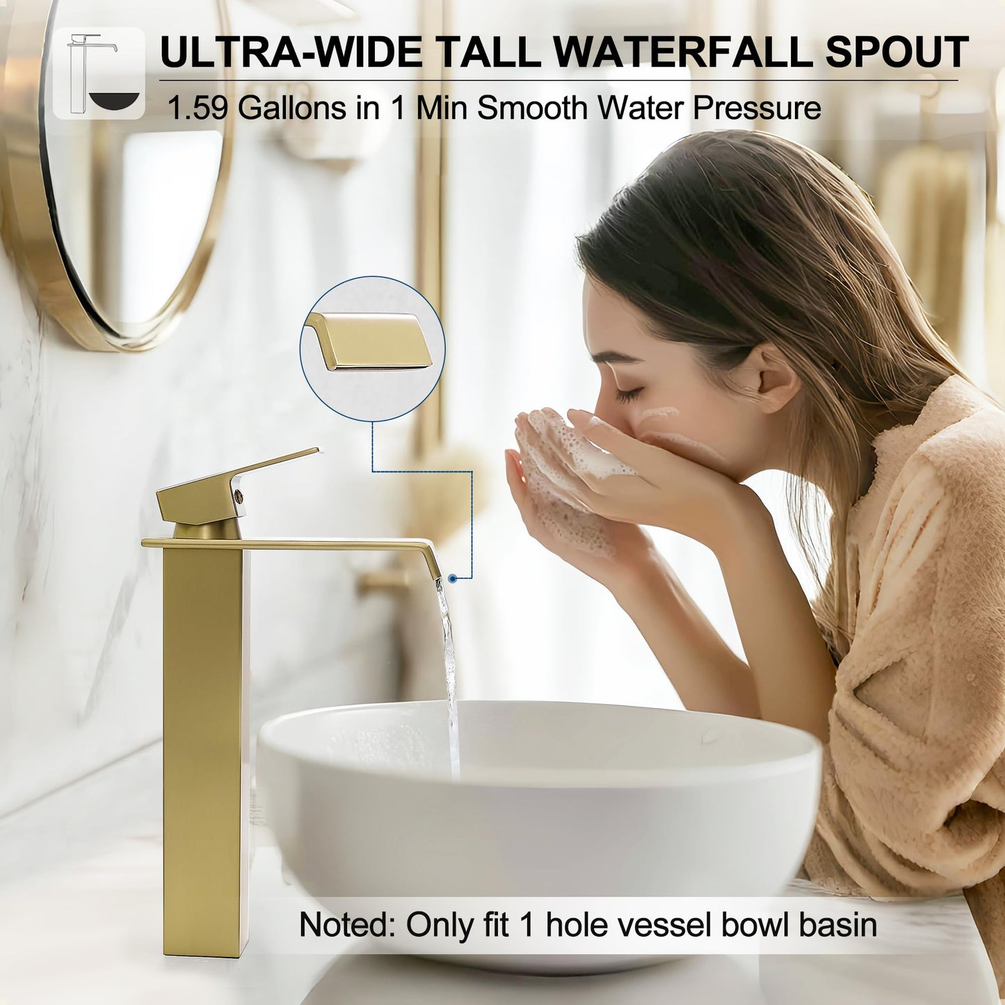 HEYMYTAP Gold Vessel Sink Faucet, Brass Waterfall Tall Faucet for Bathroom Sink 1 Hole with Pop Up Drain and Supply Hoses for Vanity Restroom Modern