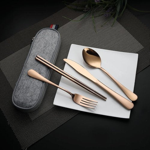 DEVICO Stainless Steel Camping Utensils - Full-Size Reusable Cutlery Set with Case | Portable Fork, Spoon, Knife & Chopsticks (Rose Gold)
