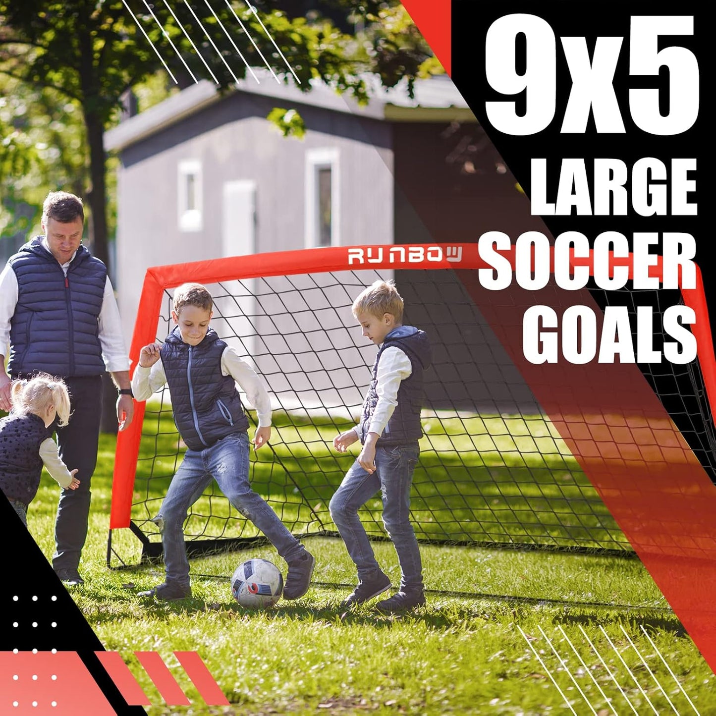 RUNBOW 9x5 FT Portable Kids Soccer Goal - Folding Soccer Net for Backyard Training & Indoor/Outdoor Play