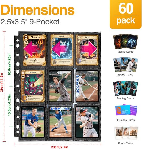 1080 Pockets Black Trading Card Sleeves by [Brand Name] - Double-Sided, Thickened Page Protectors for MTG, Yu-Gi-Oh!, Baseball Cards | 60 Pack