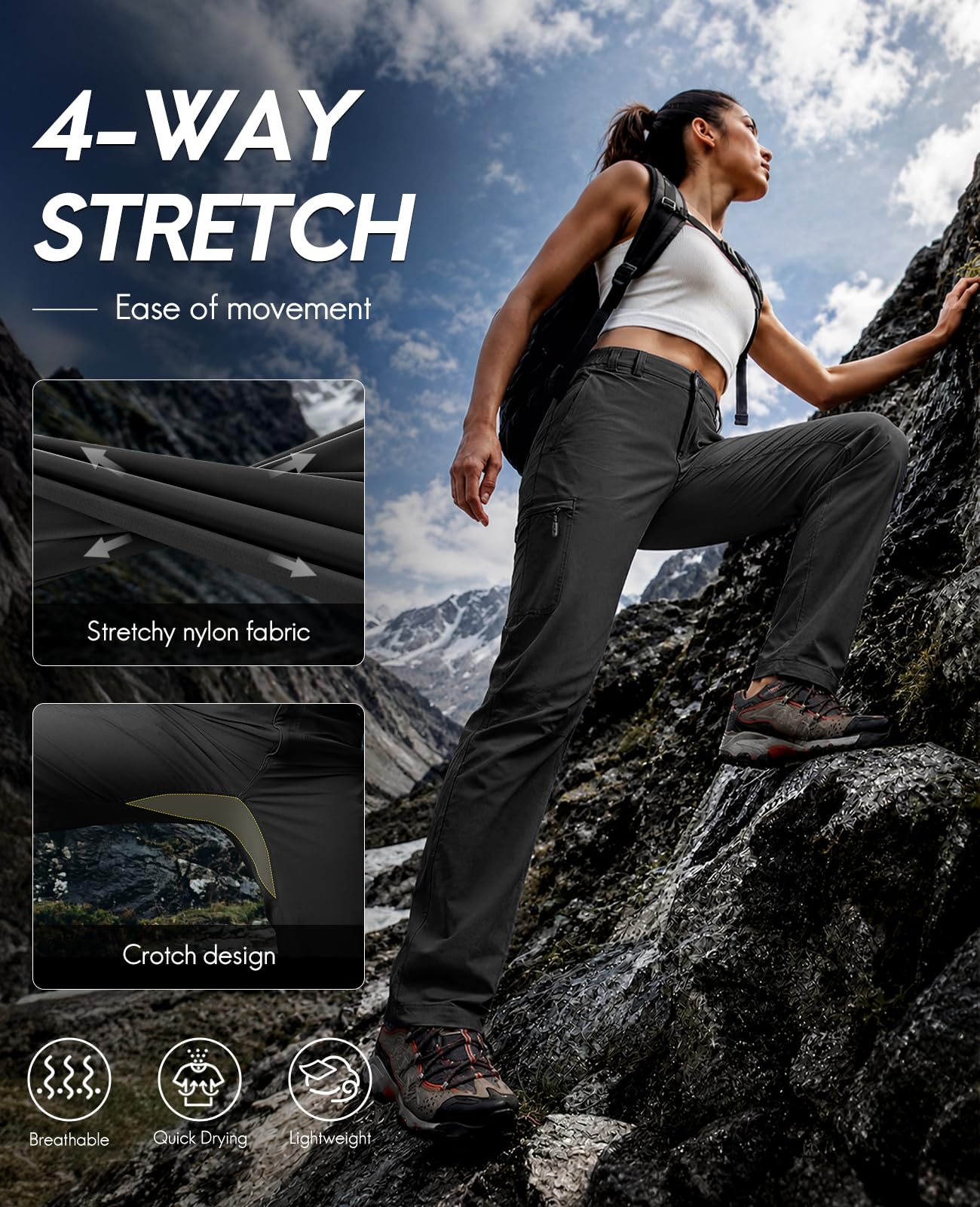 Haimont Women's Lightweight Water-Resistant Hiking Cargo Pants Black L