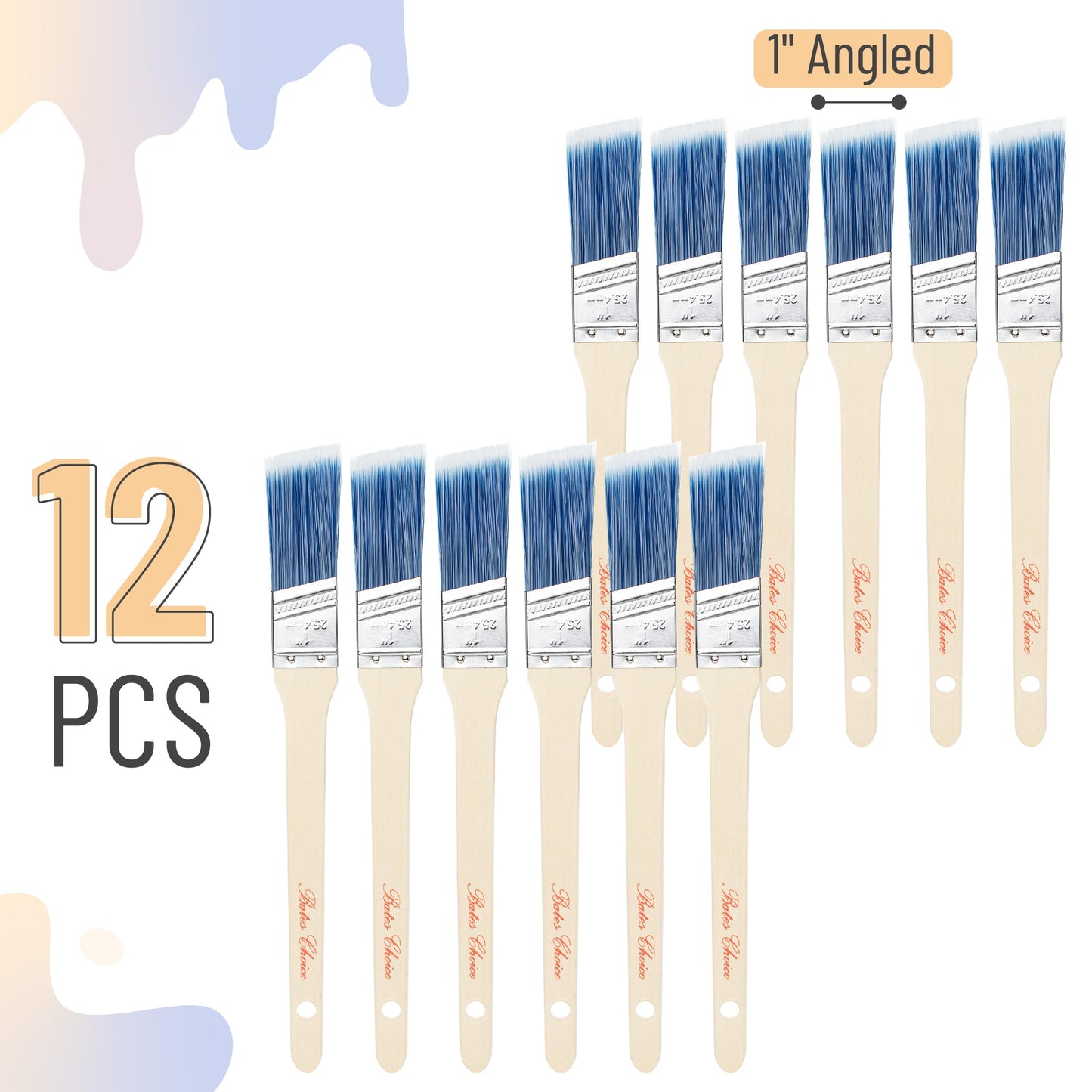 Bates Angle Paint Brushes, 1-Inch, 12 Pack, Treated Wood Handle, Brushes for Walls & Furniture