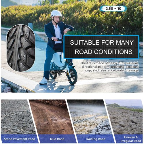 2.50-10 Dirt Bike Tire Street Tire Compatible with 14x2.50 14x2.5 60/100-10 ebike Tyre 33J 4 P.R. Max Load 253 Lbs Scooter Street Neumático with Tubeless Valves and Tools