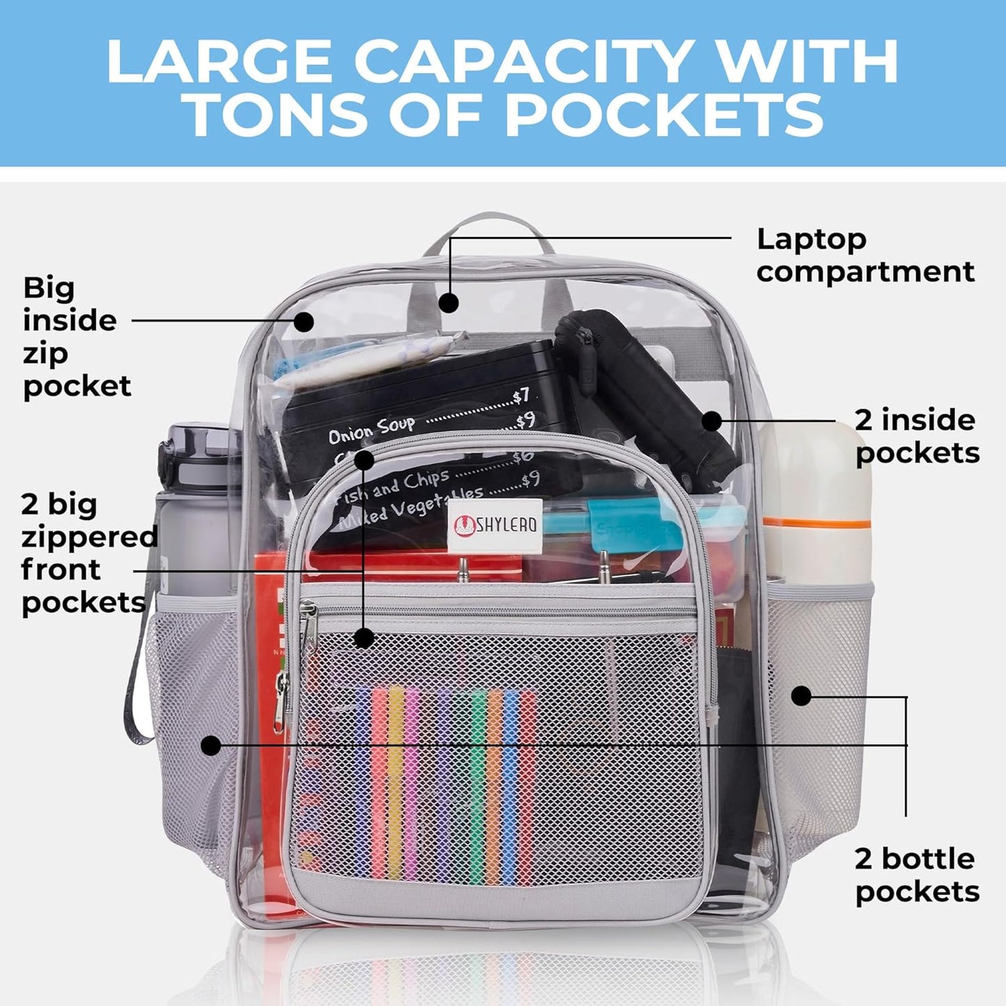 SHYLERO Clear Backpack - Heavy Duty PVC with TSA Lock & 2-Way Zipper | Extra Large Grey (18" x 14" x 8")
