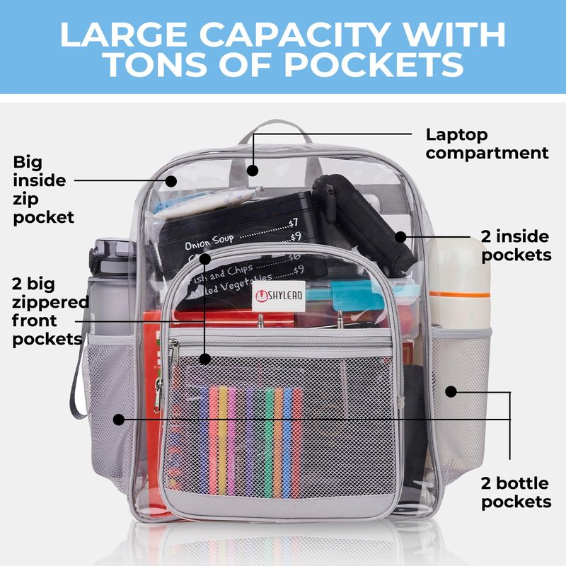 SHYLERO Clear Backpack Heavy Duty has TSA Lock, 2-WAY Zipper. PVC Transparent Backpack Is Extra Large - H18''xW14''xD8 - Light Gray