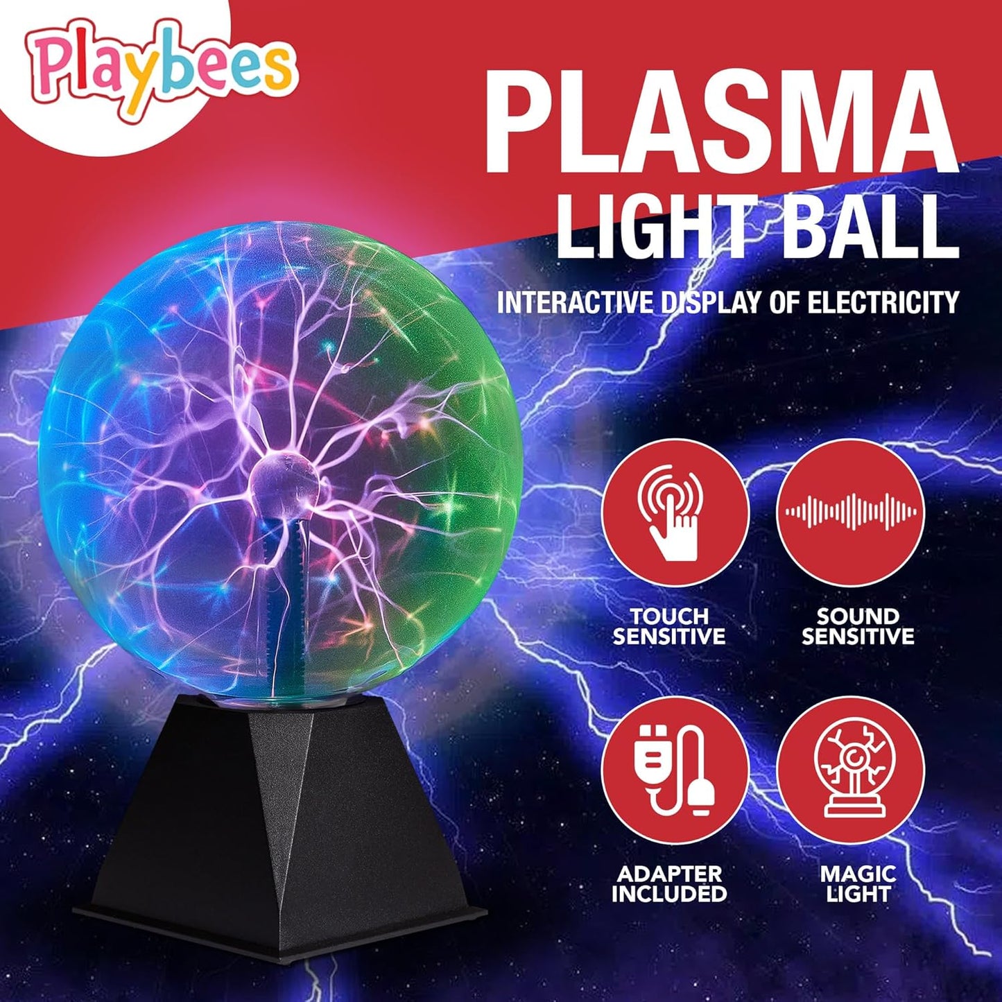 Playbees 7-Inch Colorful Plasma Ball - Tesla Coil Globe with Multicolor Lightning Effects for Parties & STEM Learning