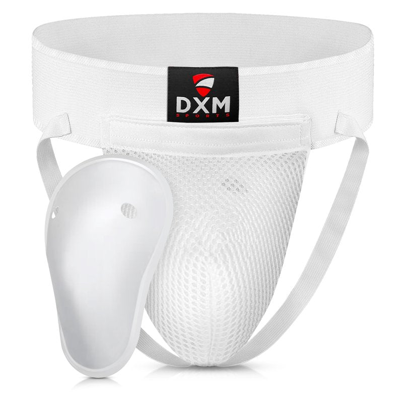 DXM SPORTS Boxing Groin Protector Men – Adjustable Groin Guard for Kickboxing, Taekwondo Sparring Gear, Muay Thai, Martial Arts Training (White, Medium)