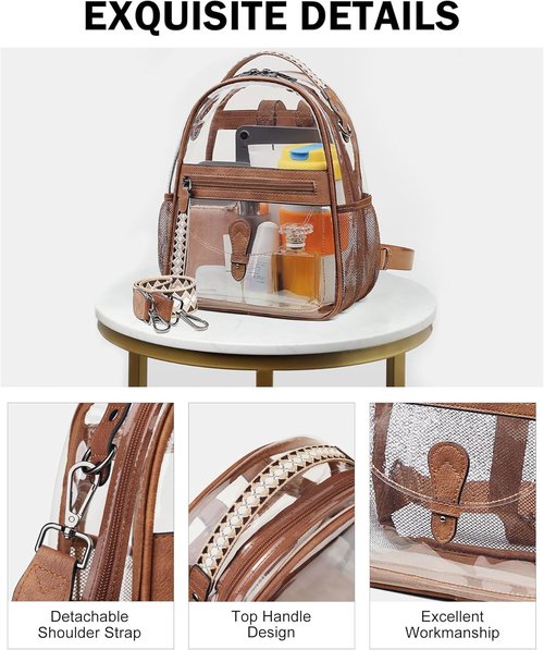 FADEON Clear Small Backpack Purse - Designer Transparent Shoulder Handbag | PVC Mini Bag for Stadium Use