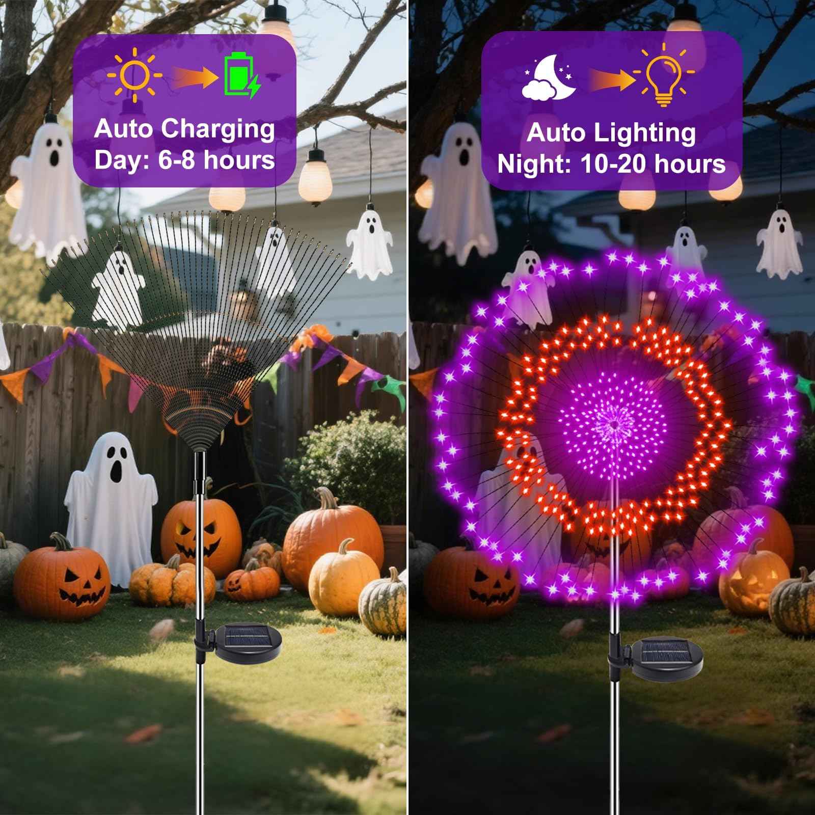 2 Pack Solar Halloween Lights Outdoor, 360 LED Orange & Purple Waterproof Solar Firework Lights with 8 Lighting Modes & Timer for Garden Yard Patio Pathway Spooky Outside Halloween Decorations