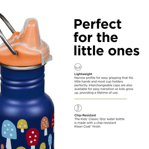 Klean Kanteen 12 oz Classic Kid's Sippy Bottle - For Little Hands - With Dust Cover & Attachable Loop - Durable, BPA-Free, Stainless Steel Material - Fits Interchangeable Caps - Mushrooms