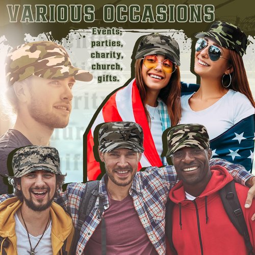 Eurzom 6 Pcs Military Style Hat Cadet Cap Army Basic Army Vintage Cap Adjustable Cotton Twill Flat Top Hats for Men Women (Camo)
