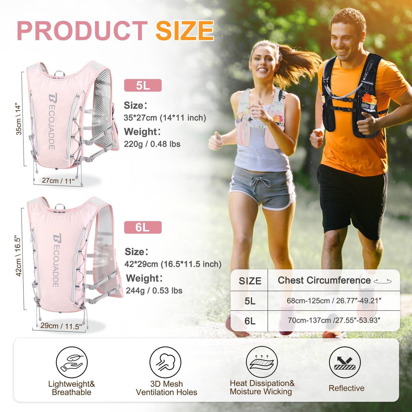 BECOJADDE Running Vest for Women Men with One 1.5L Water Bladder, 5L Lightweight Hydration Backpack Running Pack for Marathon, Trail, Cycling, Hiking, Jogging, Pink