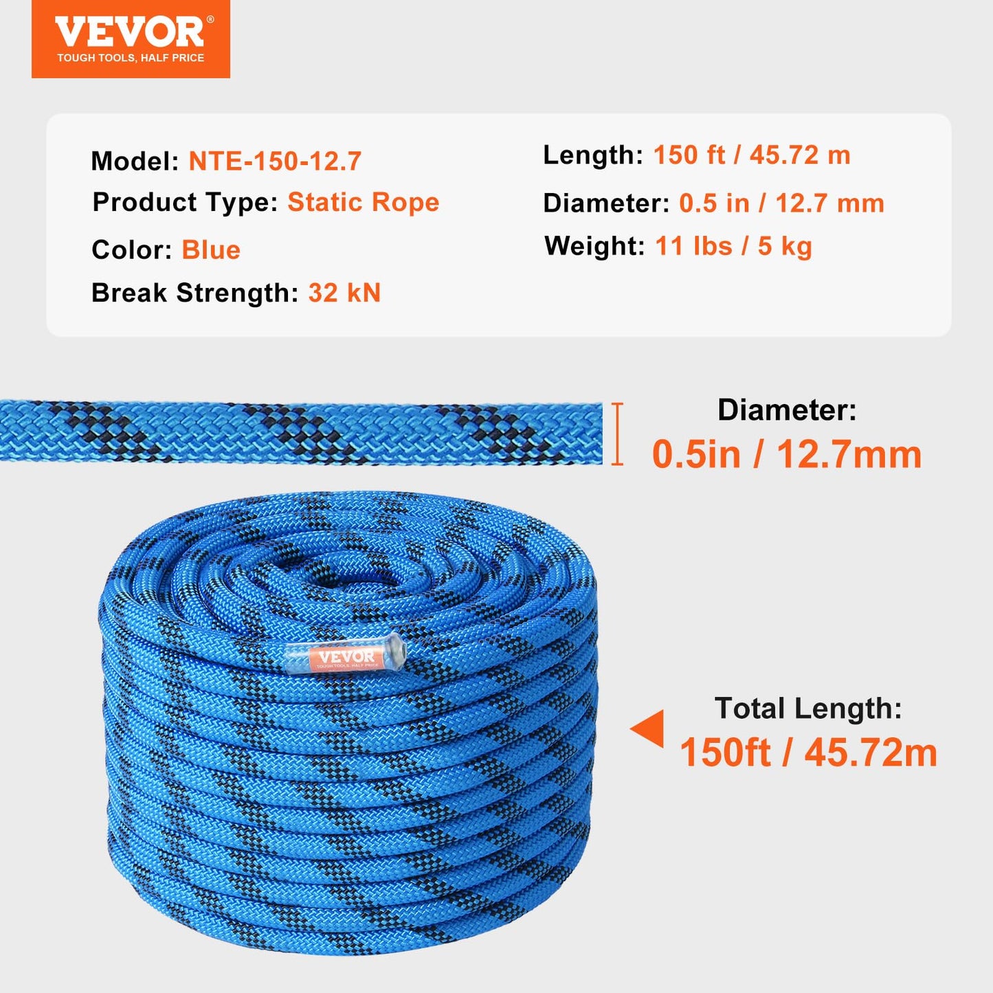 VEVOR 12.7mm Static Climbing Rope, 45.7M(150ft) Outdoor Rock Climbing Rope 30KN Breaking Tension, Fiber Rope for Escape, Rappelling, Fire Rescue, Blue