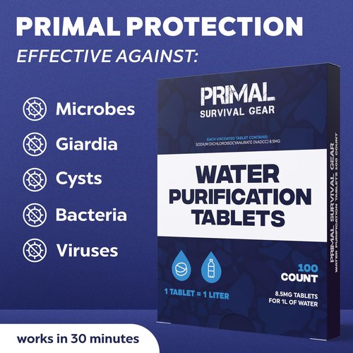 Water Purifier Tablets –Water Purification Tablets for Emergency Water - Hiking, Camping, Survival, Emergency – Drinking Water Filtration System Survival Tabs - Purificador De Agua - 1L - 100 Tablets