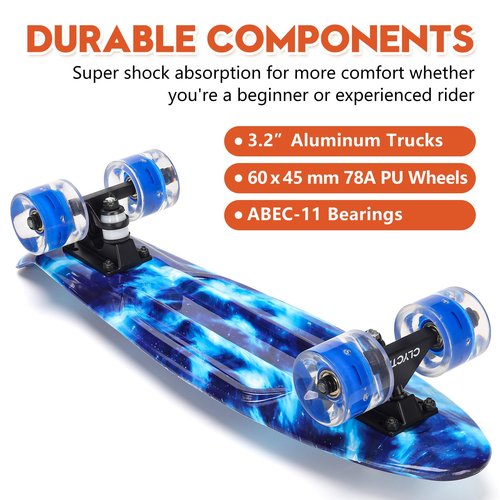 CLYCTIP Skateboard,22 inch Complete Mini Cruiser Board with Colorful Flashing Wheels and ABEC-11 Bearings for Kids,Boys,Girls,Beginners (Blue)