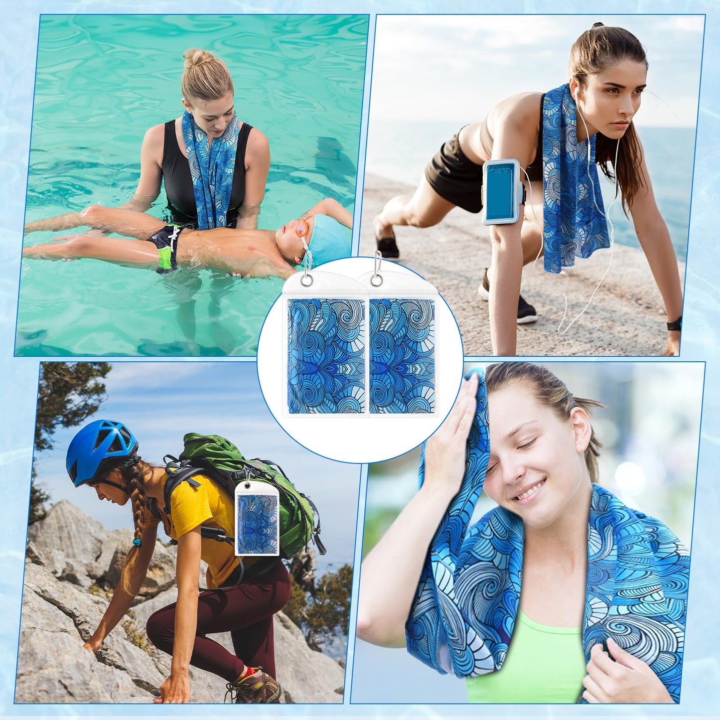 Frienda 6 Pcs Cooling Towels Bulk with Bag Sport Travel Yoga Towel for Sweat Mountain Running Camping Baseball Golf Favors 40"x12" Breathable Microfiber Towel Fast Drying Workout Fitness(Spray)