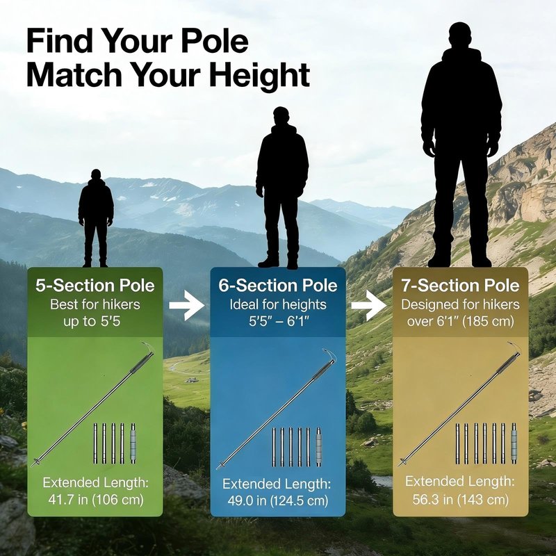 Trekking Pole Tactical Walking Stick, Multifunctional Lightweight Aluminum Collapsible Survival Hiking Pole with Storage Bag for Women Men Seniors Camping Backpacking (6-Section Gray Handle)