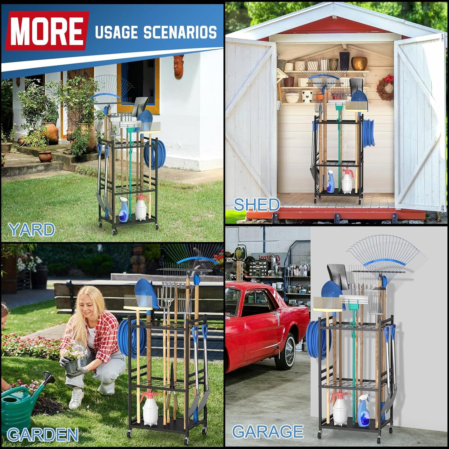 Garden Tool Organizer on Wheels - Sturdy Metal Rack for 35 Long-Handled Tools, 3 Hooks, Outdoor Storage, Black