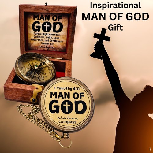 Man of God Engraved Compass - 1 Timothy 6:11 Inspirational Religious Gifts for Men Catholic Christian Gifts Teenage Boys Girls Baptism Communion Graduation Gifts (Man of God)