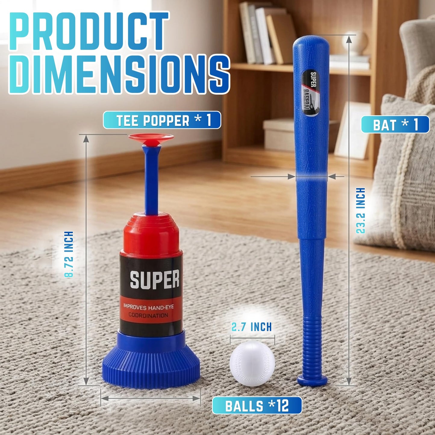 Baseball Training Tee Popper Set with Baseball Bat & 12 Balls, Pop Up Batting Tee for Kids & Beginners, Self Pitching Baseball Trainer for Hitting Practice, Portable Batting Trainer for Backyard