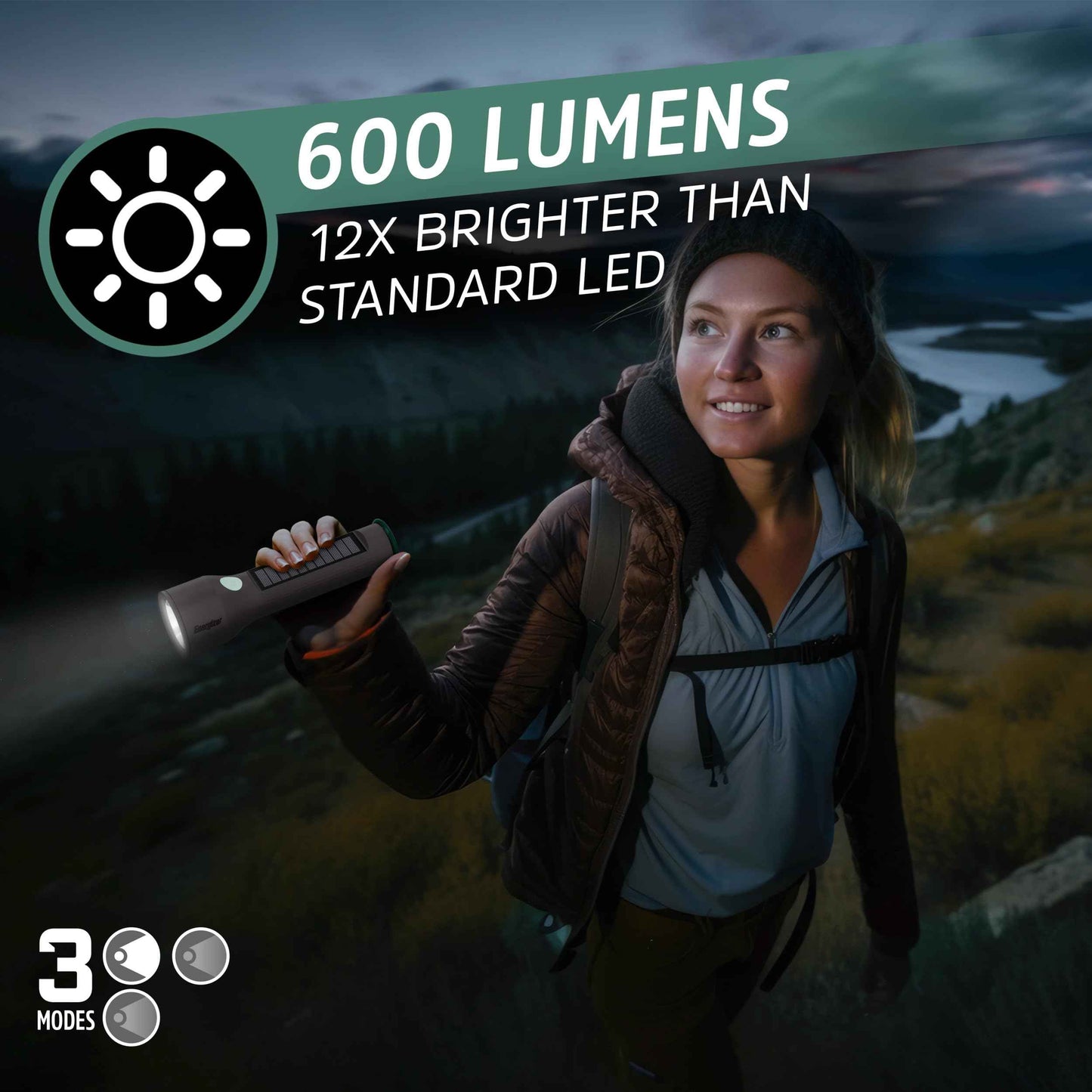 Energizer S-600 Hybrid Power LED Flashlight, Solar, Rechargeable, or AA Battery Powered, IPX4 Water Resistant Bright Flashlight