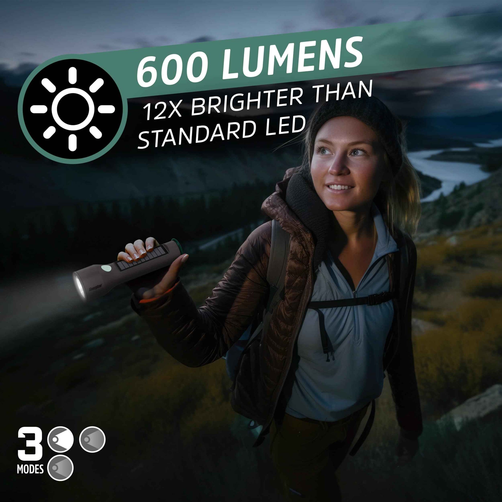 Energizer S-600 Hybrid Power LED Flashlight, Solar, Rechargeable, or AA Battery Powered, IPX4 Water Resistant Bright Flashlight