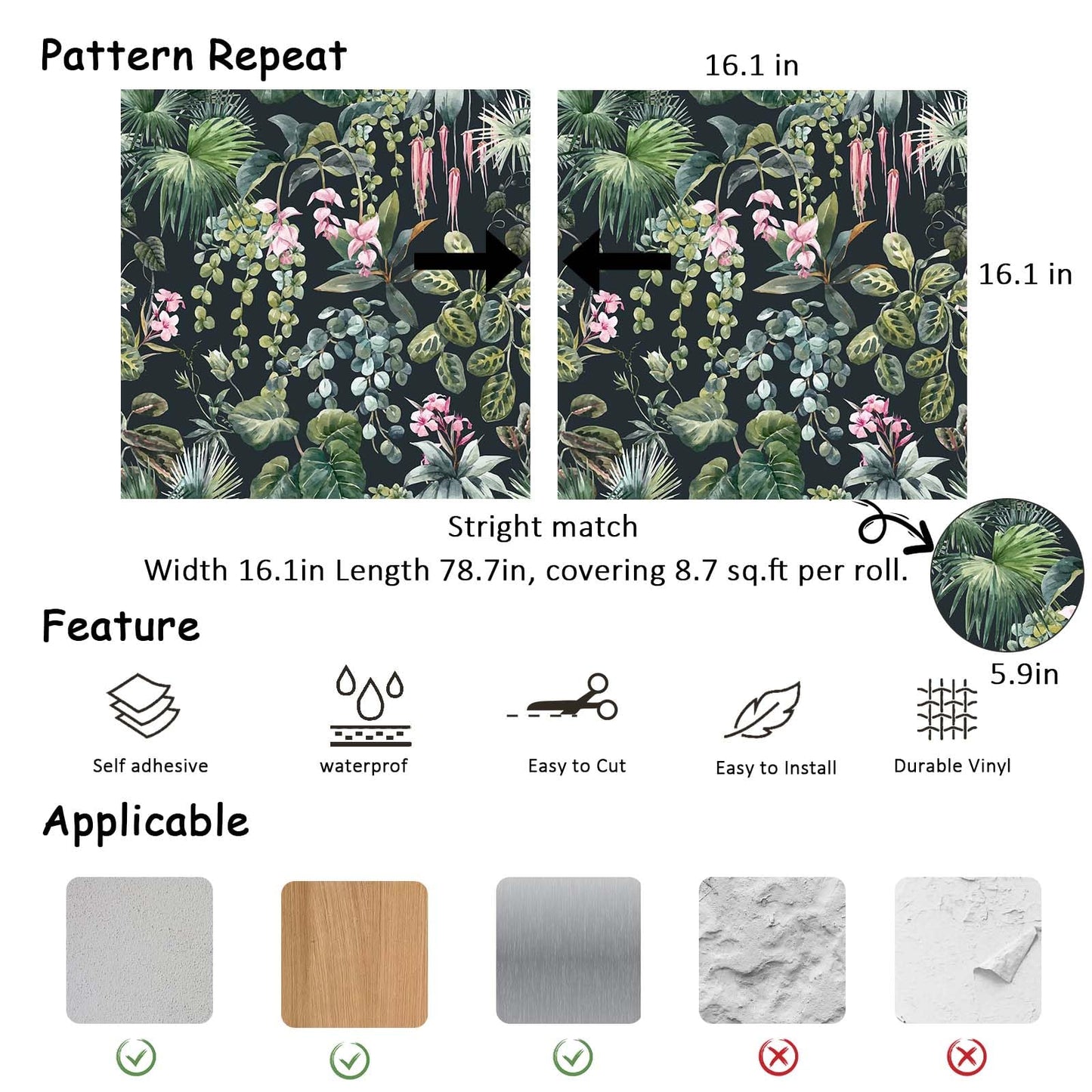 Ismoon Green Wallpaper Peel and Stick Vintage Floral Stick on Wall Paper 16.1x78.7in Moody Tropical Contact Paper Jungle Dark Botanical Leaf Removable Self Adhesive Wallpaper for Bedroom, Black/Green