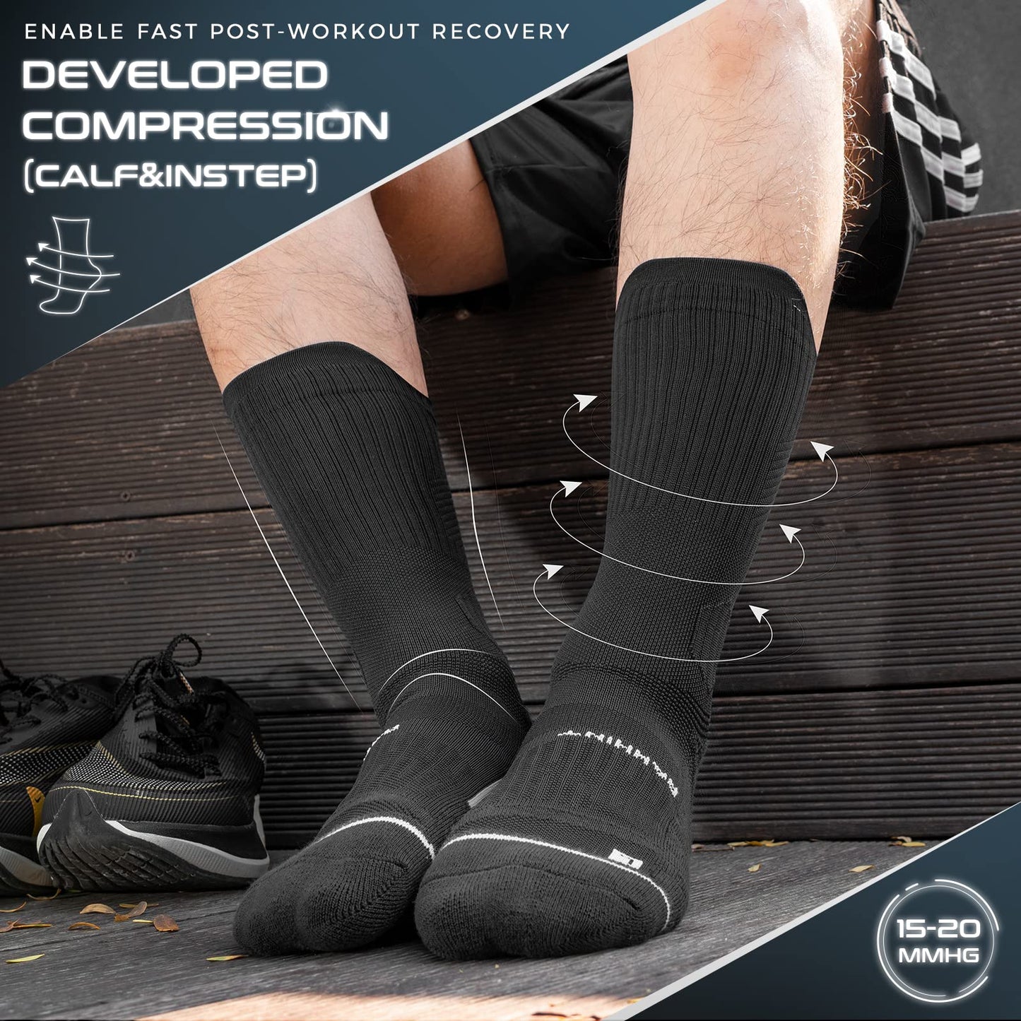 Rahhint Compression Running Socks 3 Pairs, Cushion Crew Socks, Anti-Blister Moisture Wicking Athletic Hiking Basketball Socks