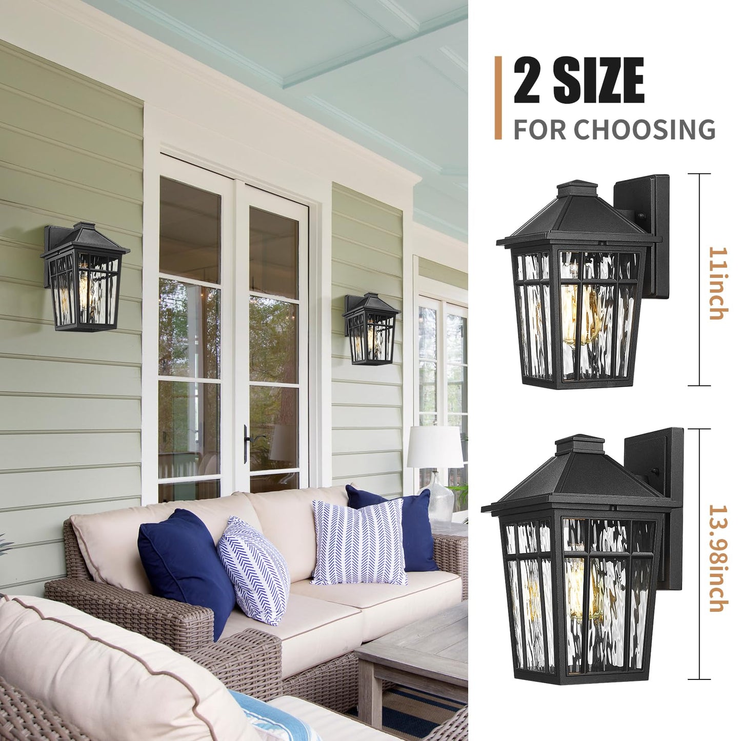 Darkaway Outdoor Wall Lights for House, 2pcs Exterior Lighting Fixtures Wall Mount Porch Lights Waterproof Outdoor Sconce Lights with Water Ripple Glass for Patio Hallway Garage